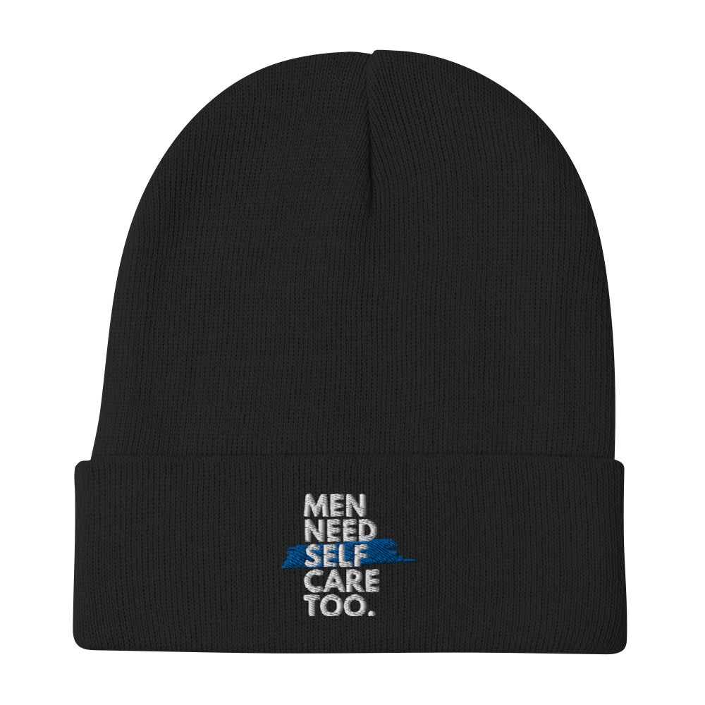 Men Need Self Care Too Embroidered Beanie (White & Royal)