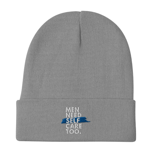 Men Need Self Care Too Embroidered Beanie (White & Royal)