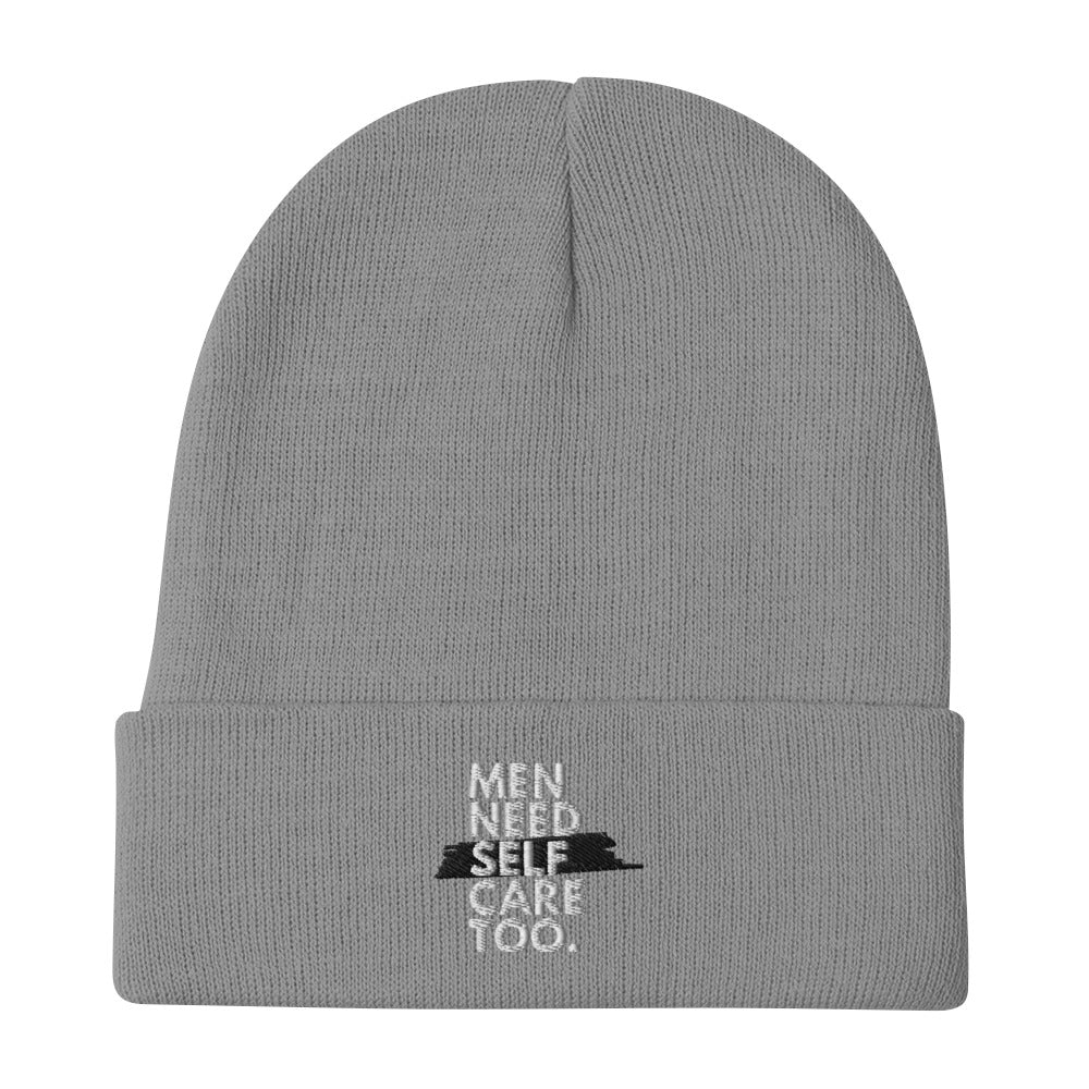 Men Need Self Care Too Embroidered Beanie (White & Black)