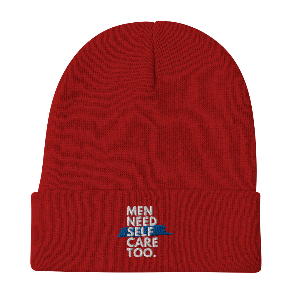 Men Need Self Care Too Embroidered Beanie (White & Royal)