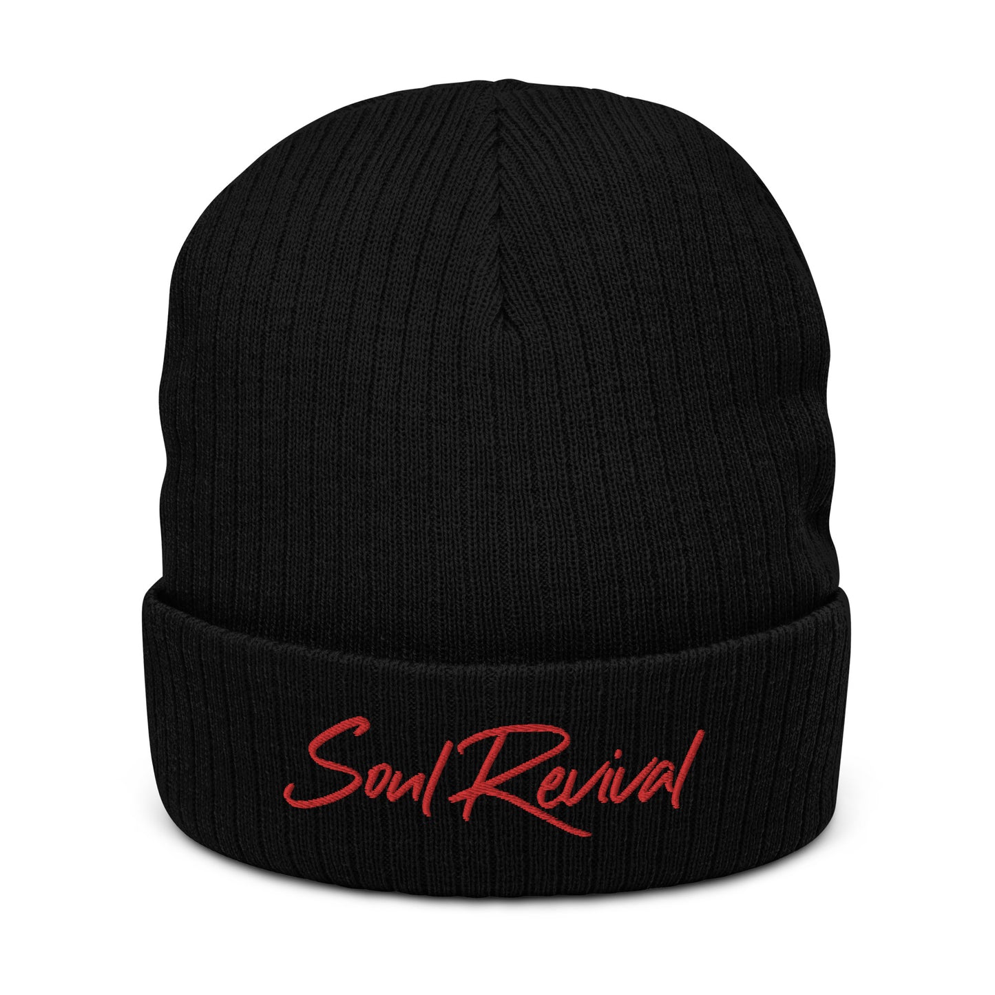 Soul Revival Red Embroidered Ribbed knit beanie