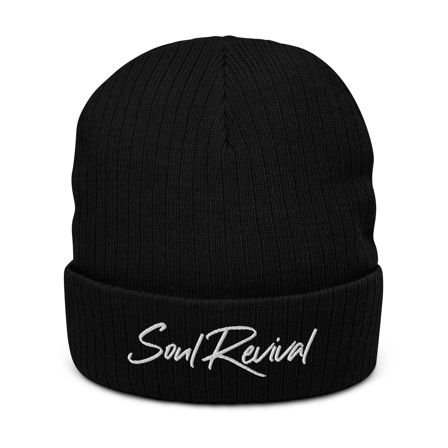 Soul Revival White Embroidered Ribbed knit beanie