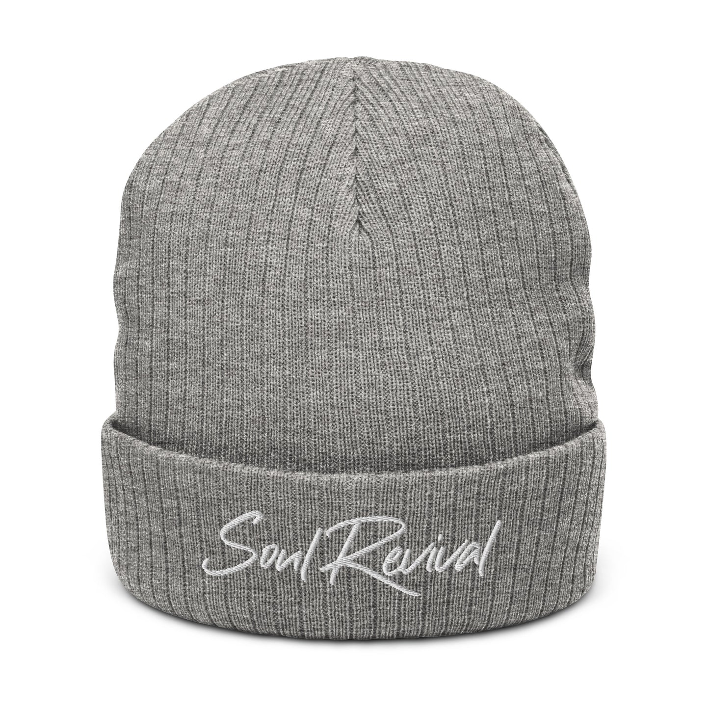 Soul Revival White Embroidered Ribbed knit beanie