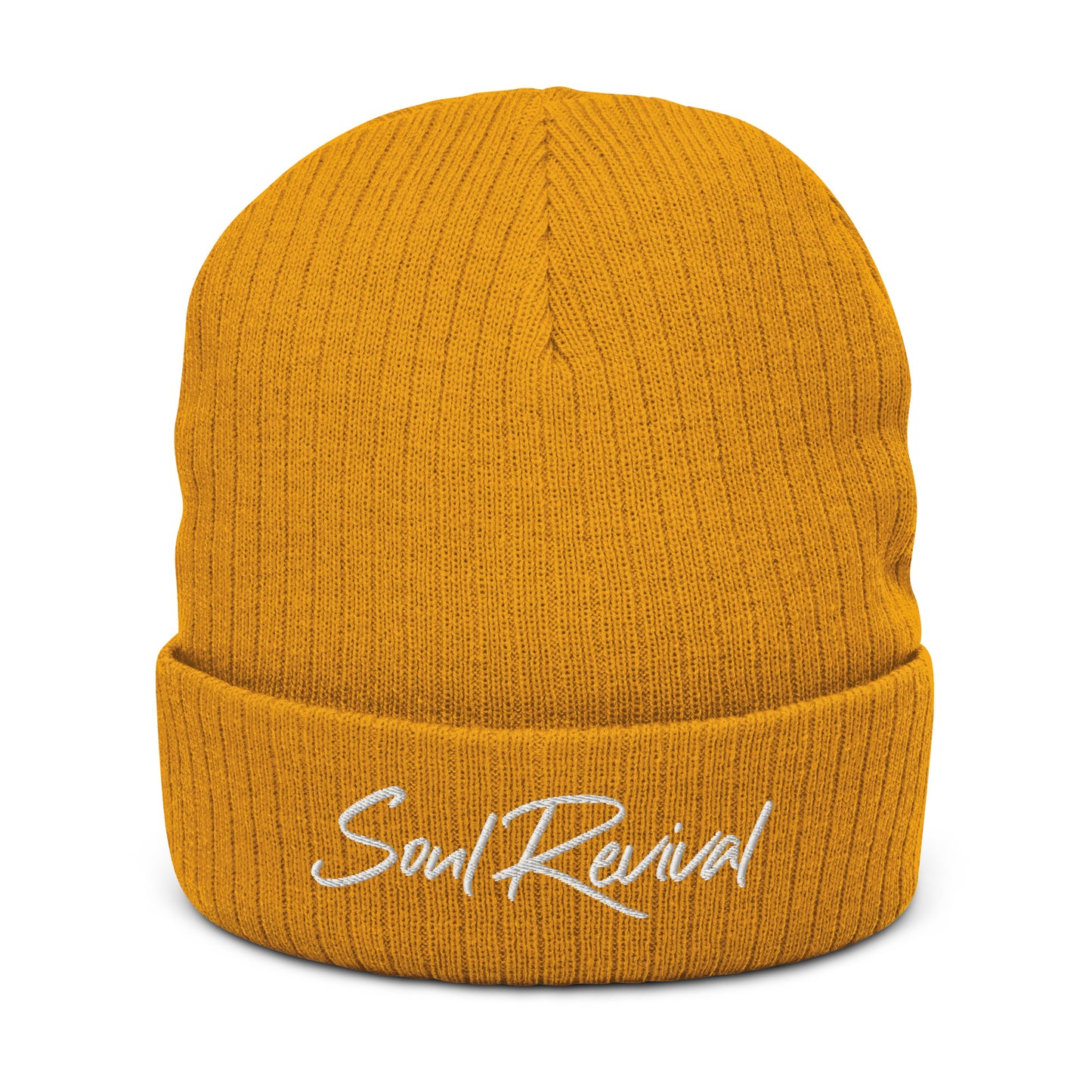 Soul Revival White Embroidered Ribbed knit beanie