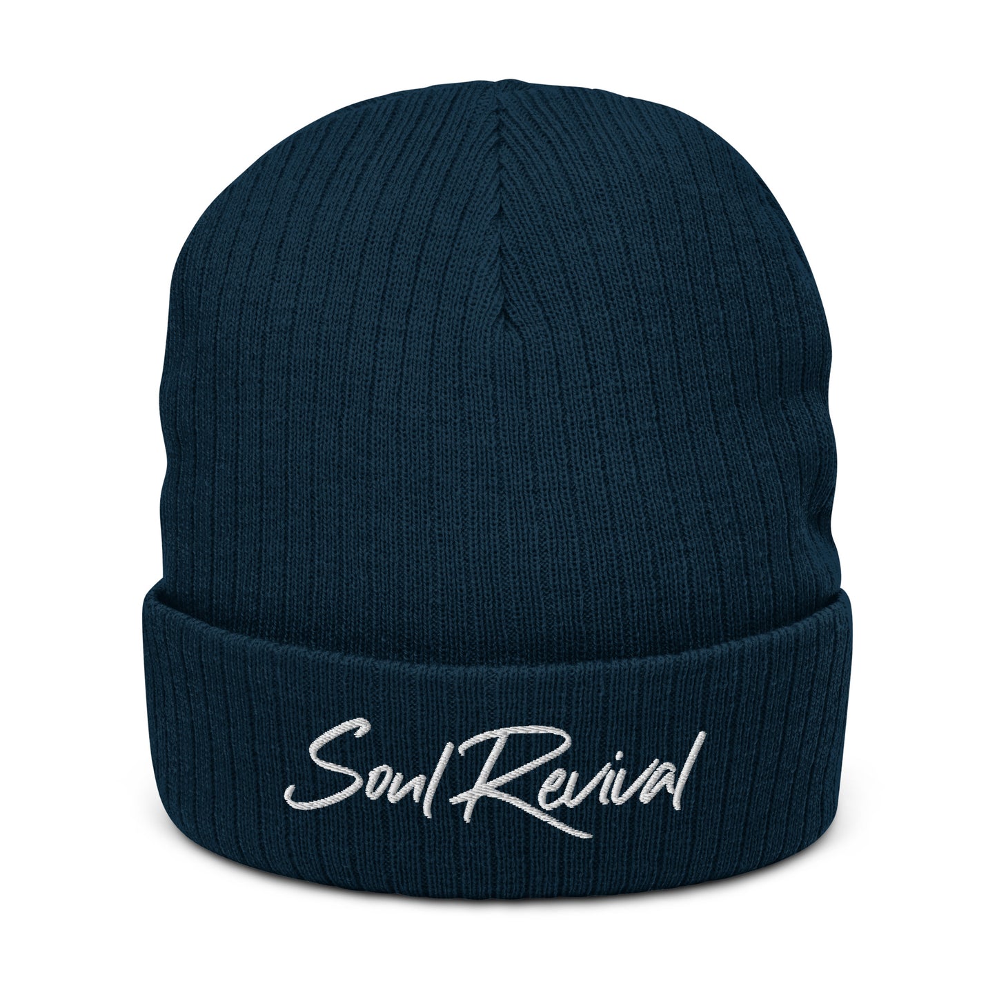 Soul Revival White Embroidered Ribbed knit beanie