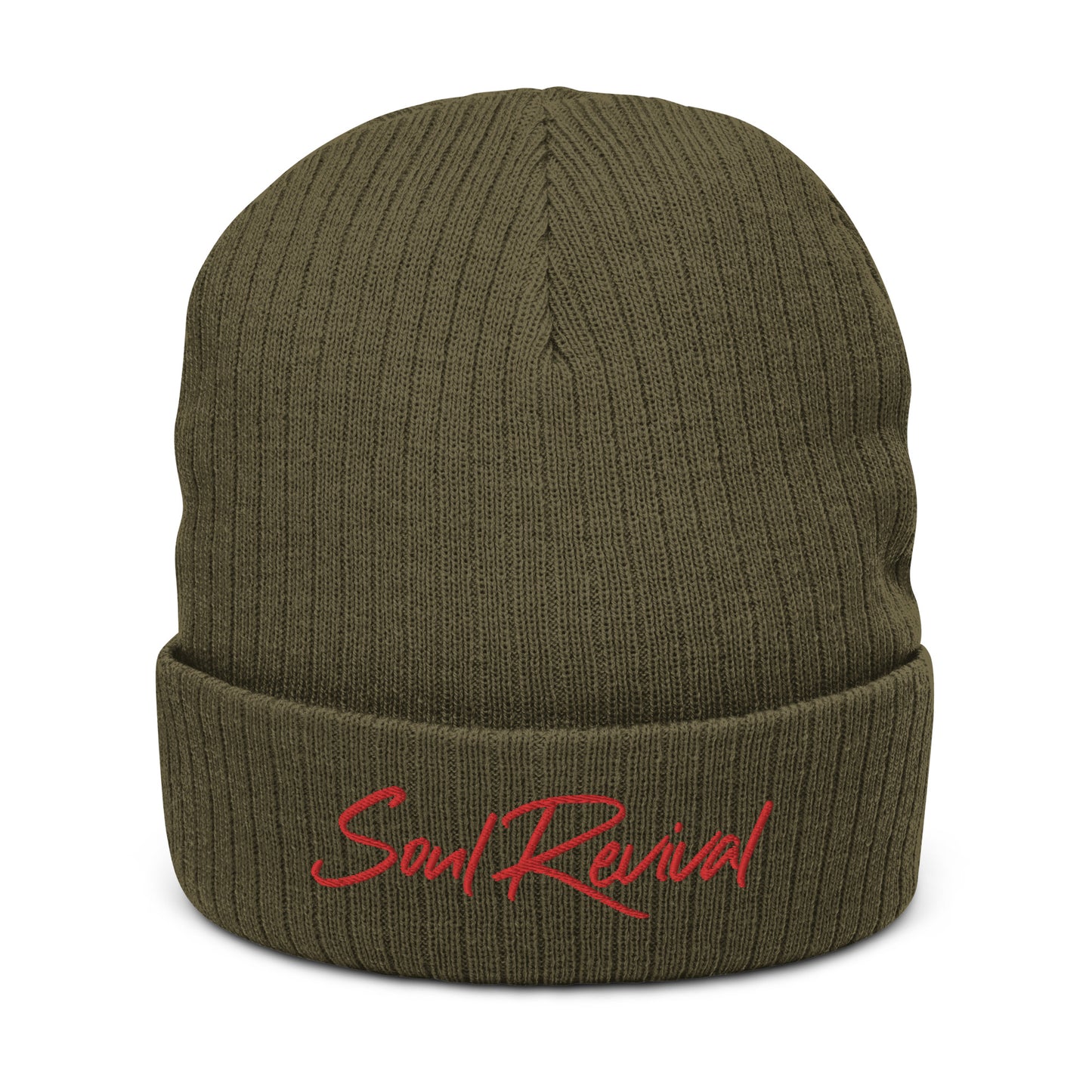 Soul Revival Red Embroidered Ribbed knit beanie