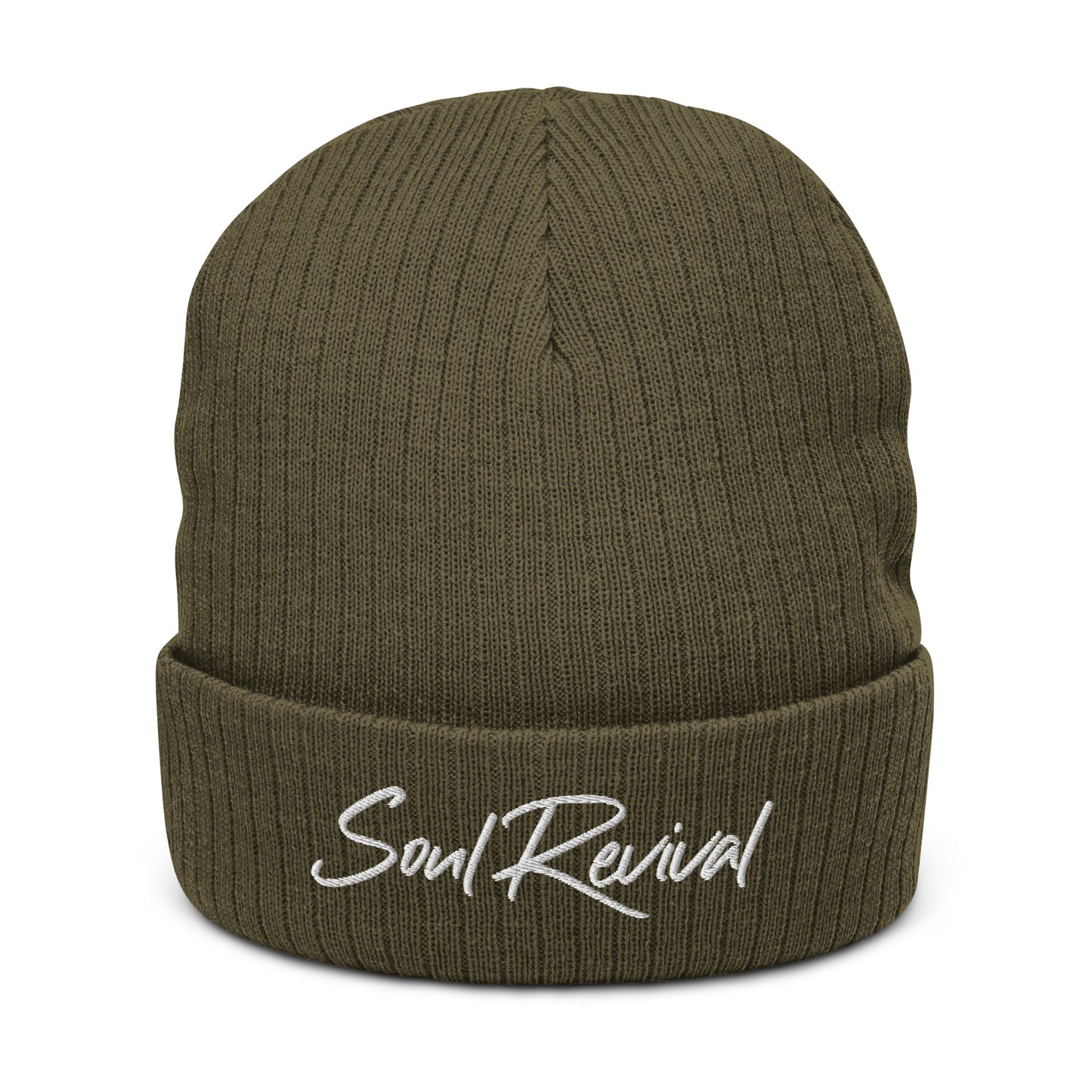 Soul Revival White Embroidered Ribbed knit beanie