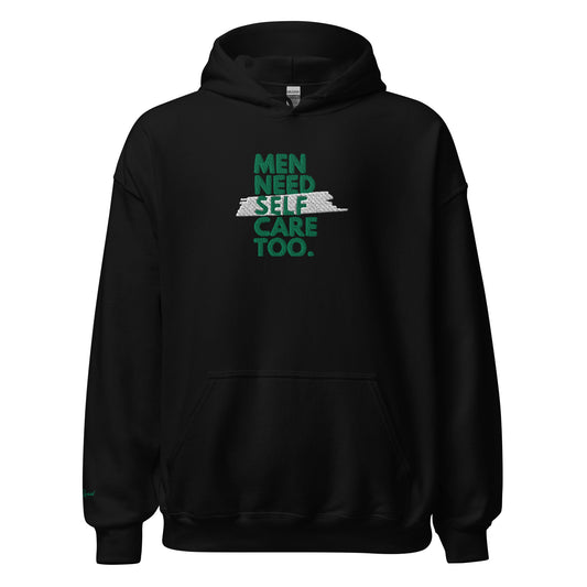 Embroidered Men Need Self Care Too Hoodie (Green & White)