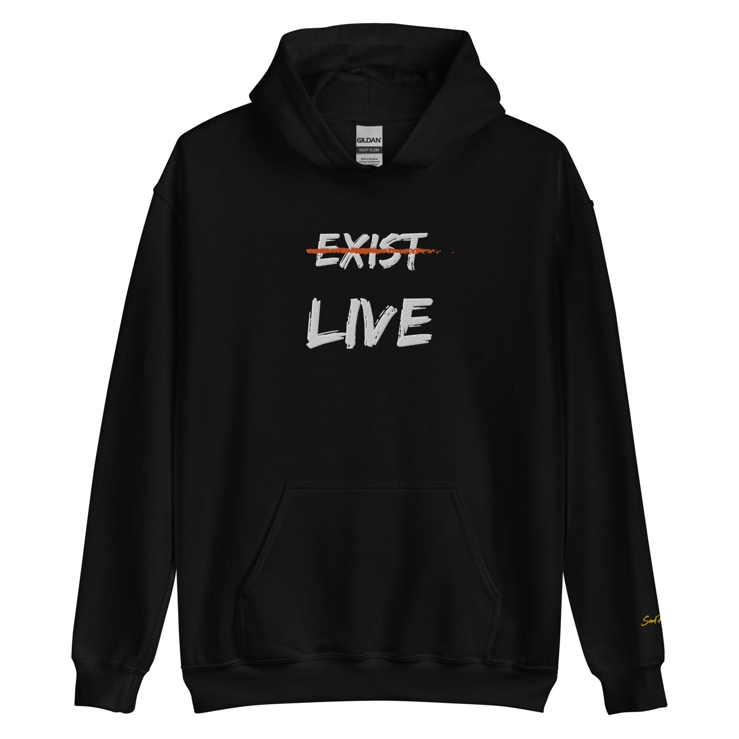 Don't Just Exist, Live Embroidered Unisex Hoodie (White & Orange)