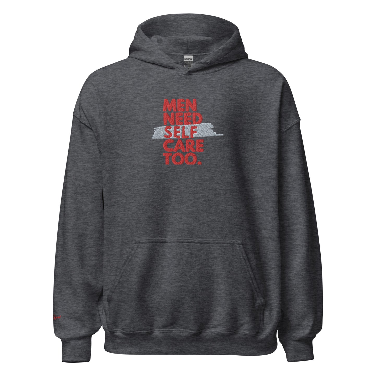 Embroidered Men Need Self Care Too Hoodie (Red & Gray)