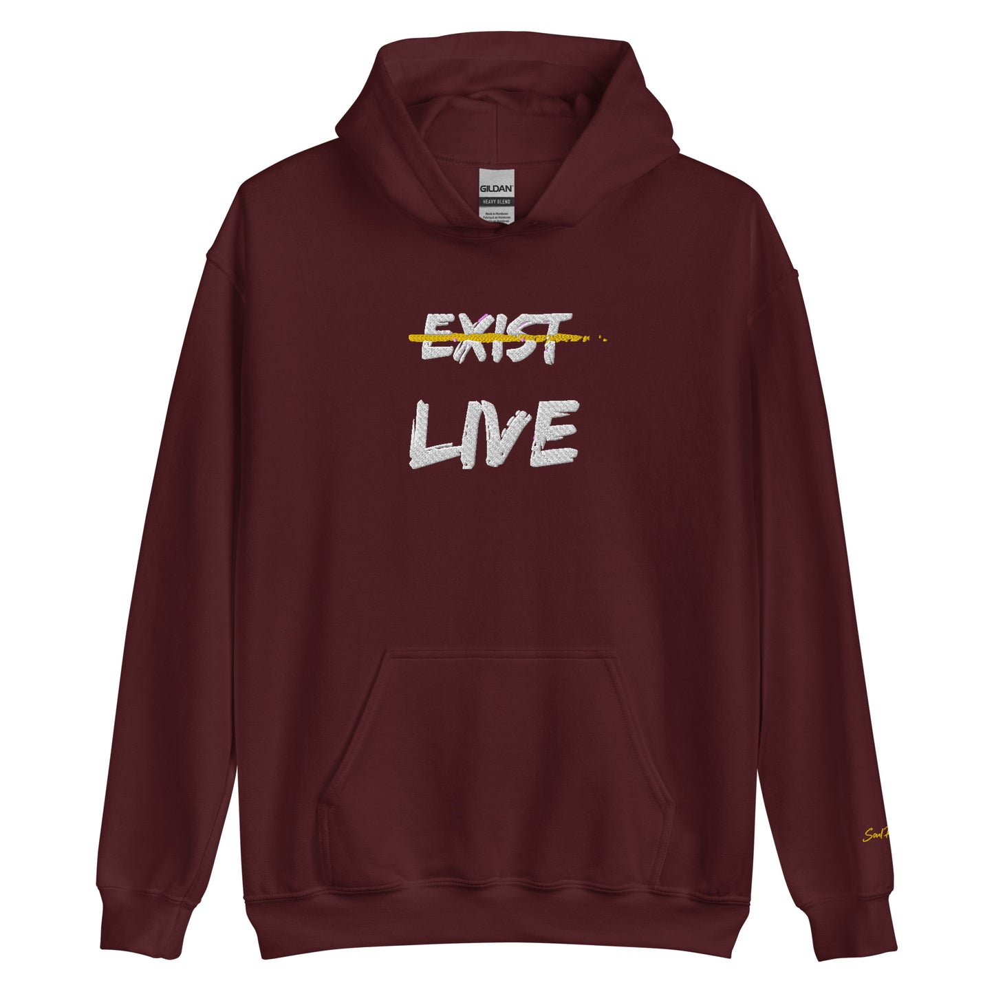 Don't Just Exist, Live Embroidered Unisex Hoodie (White & Gold)