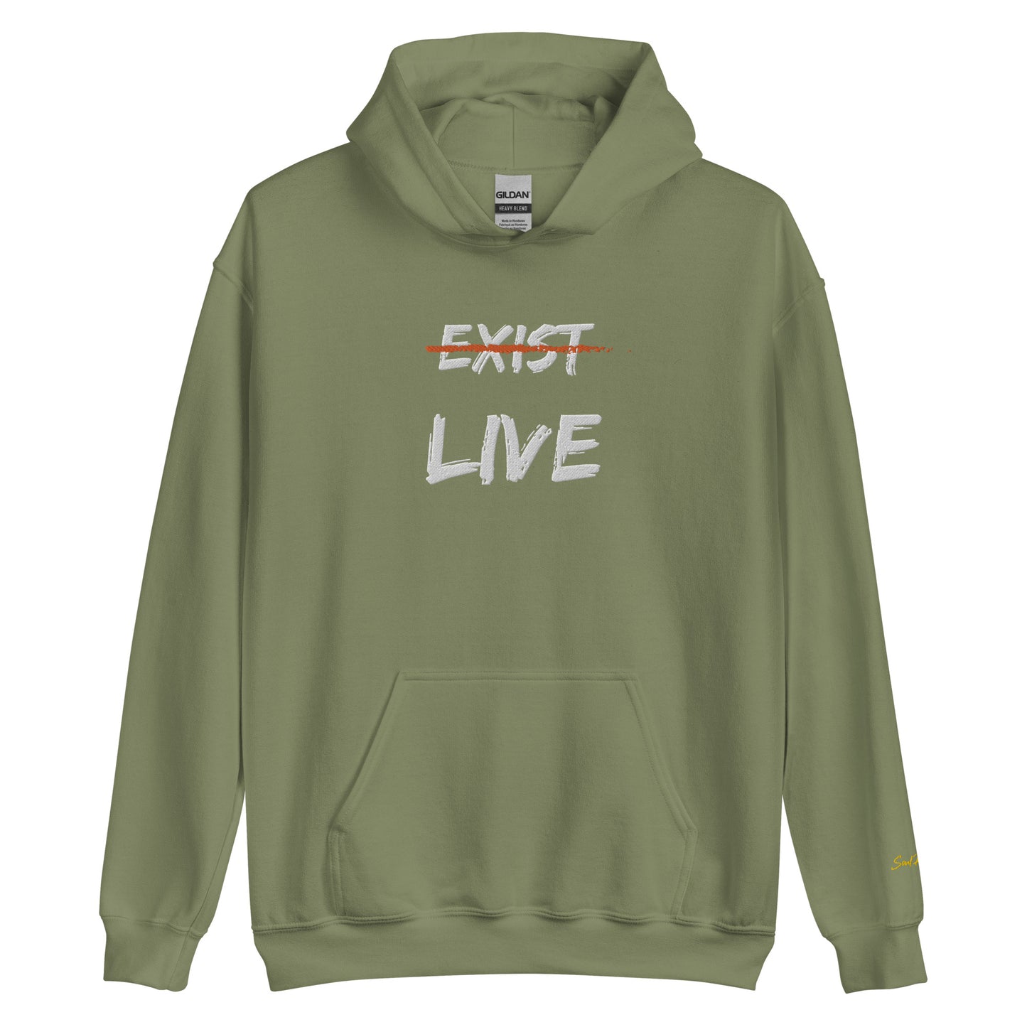 Don't Just Exist, Live Embroidered Unisex Hoodie (White & Orange)