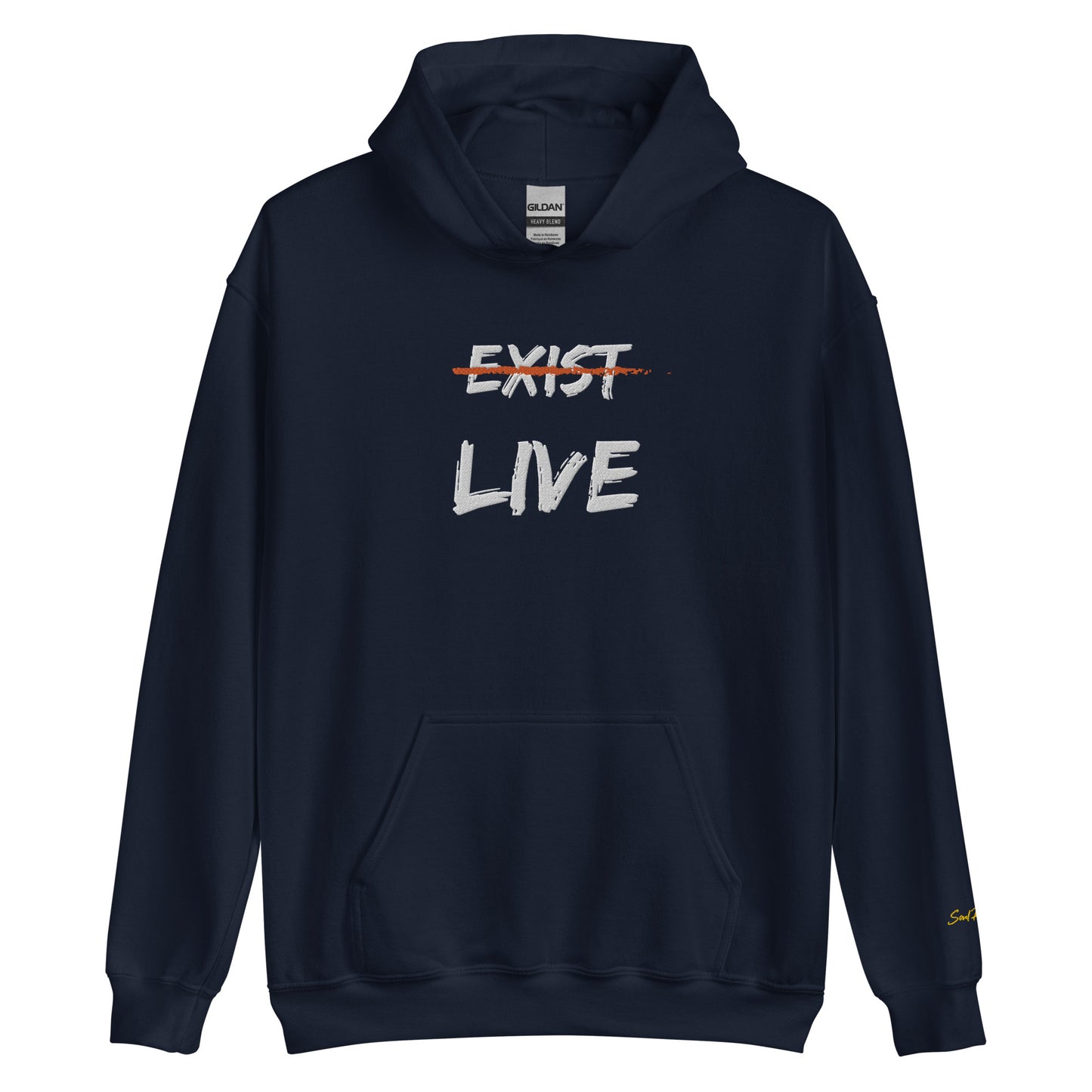 Don't Just Exist, Live Embroidered Unisex Hoodie (White & Orange)