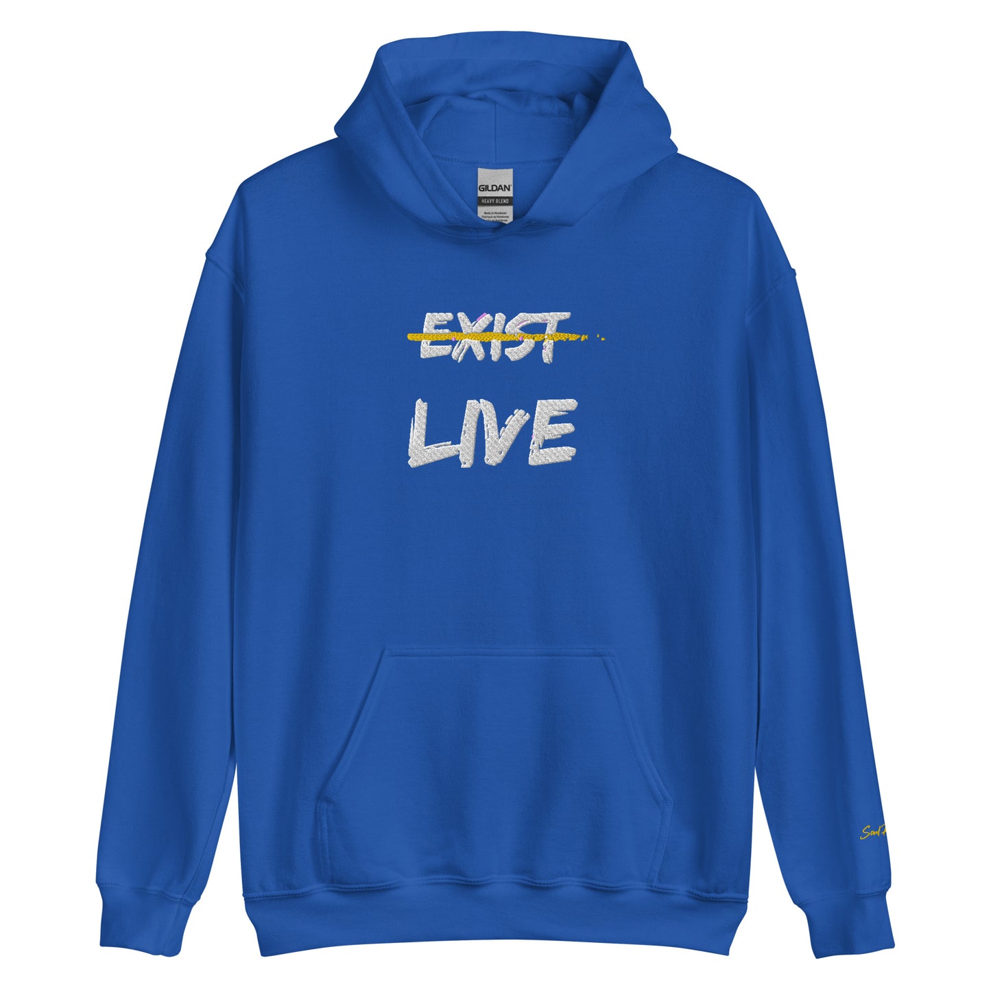 Don't Just Exist, Live Embroidered Unisex Hoodie (White & Gold)